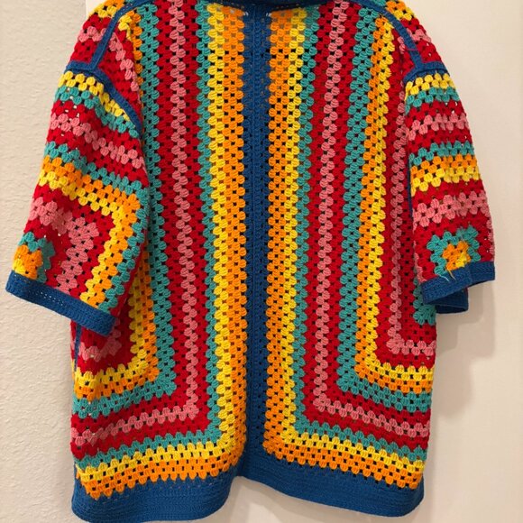 Women's Multi colored hand knit shortsleeved collared Cardigan - Picture 2 of 5